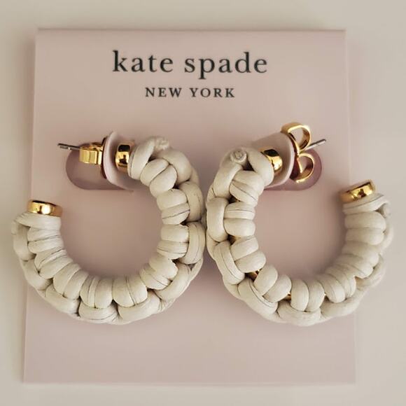 Kate Spade Gold Tone White Leather Wrapped C Hoop Earrings Medium New With Tags - Picture 4 of 10